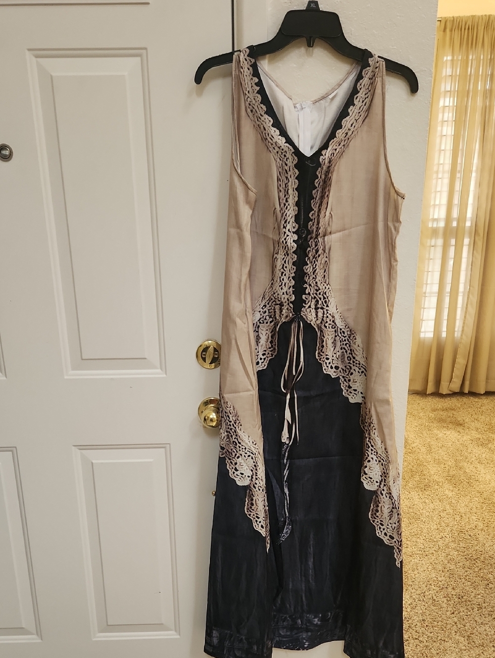 NEW Boho Lace-Trim Maxi Dress in Beige and Navy